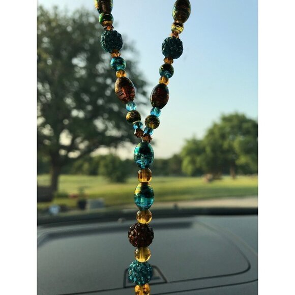 Beaded Suncatcher Car Charm Rearview Mirror Ornament TurquoiseGold Crystal Prism - Picture 6 of 10